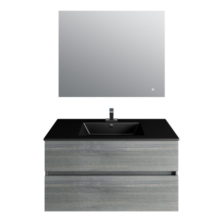 36'' Frozen Gray Vanity, Matt Black Sink, Linea Mirror