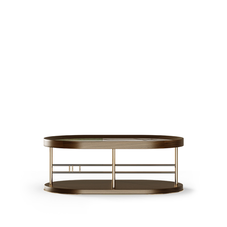 Avery Center Table, Glossy Walnut Wood, Top: Green Marble and Carrara Marble