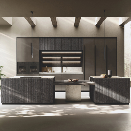 Italian Wood Ribbed Kitchen with Stoneware Worktop, Bluna Rigato