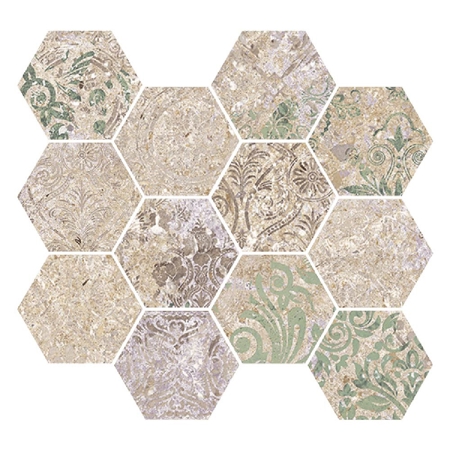 Hexagonal Mosaic Bohemian Blend 11" x 12", 3/8" Natural Porcelain Tile